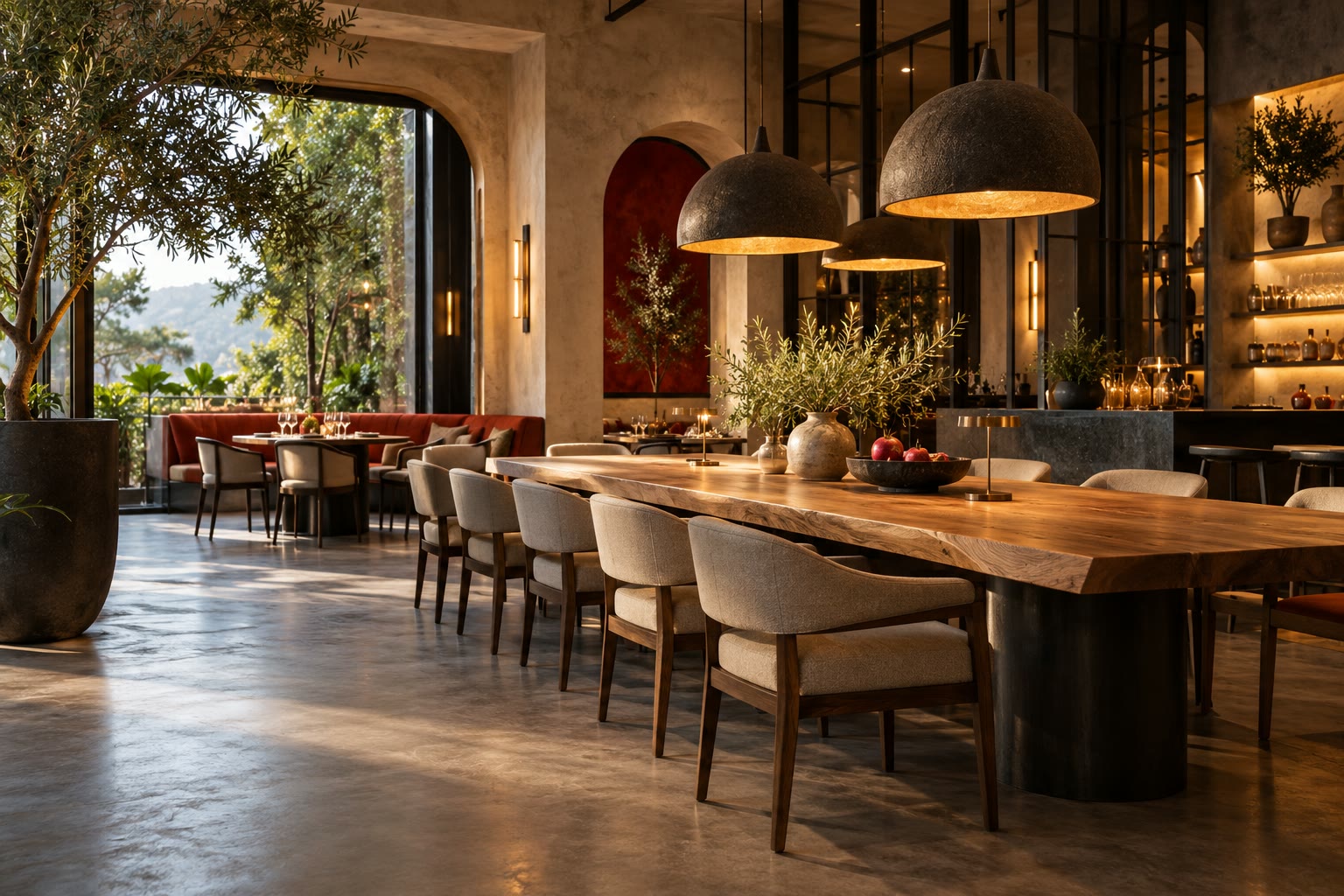 Ahşap ortak masalı ve sıcak aydınlatmalı restoran.