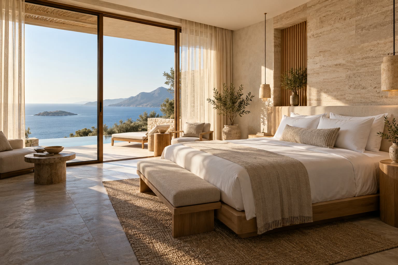 Deniz manzaralı, doğal taş ve ahşap detaylı otel odası.